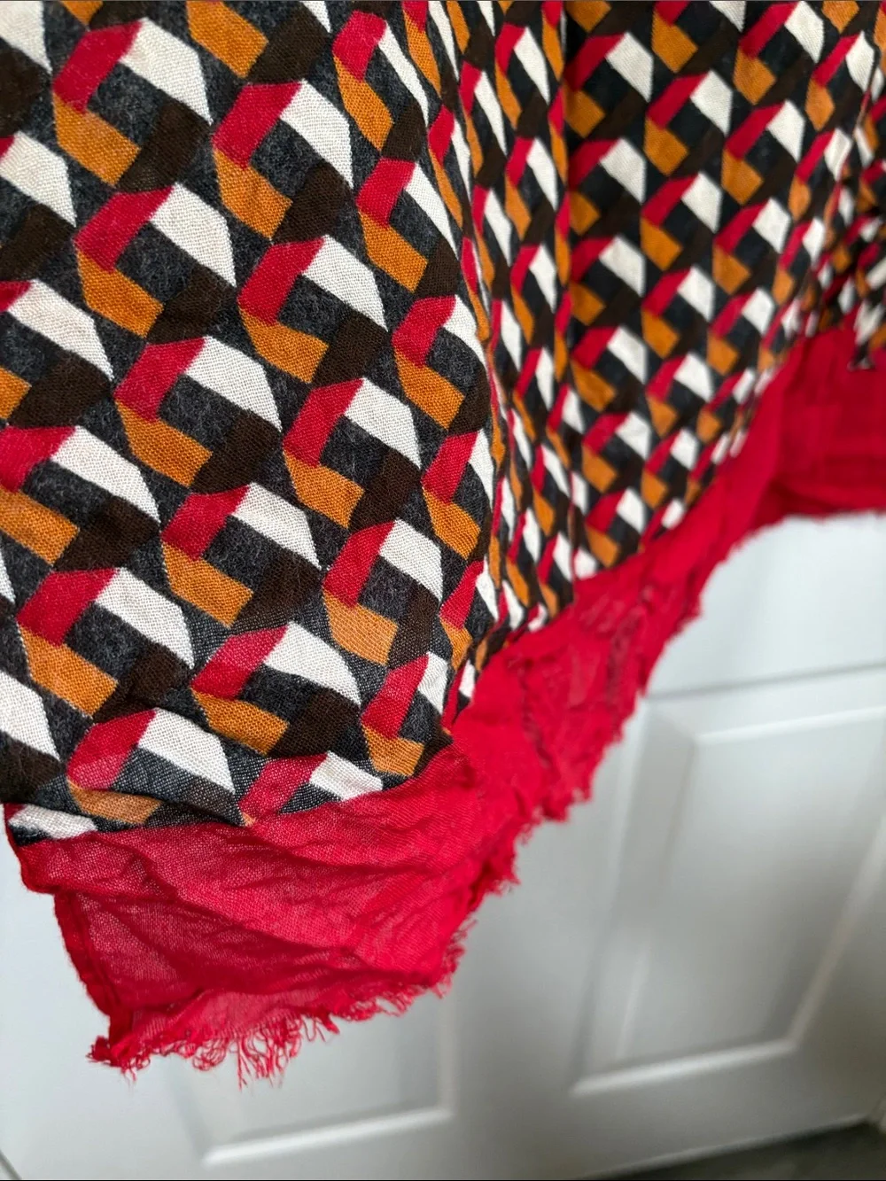 Geometric Print Scarf with Red Fringe